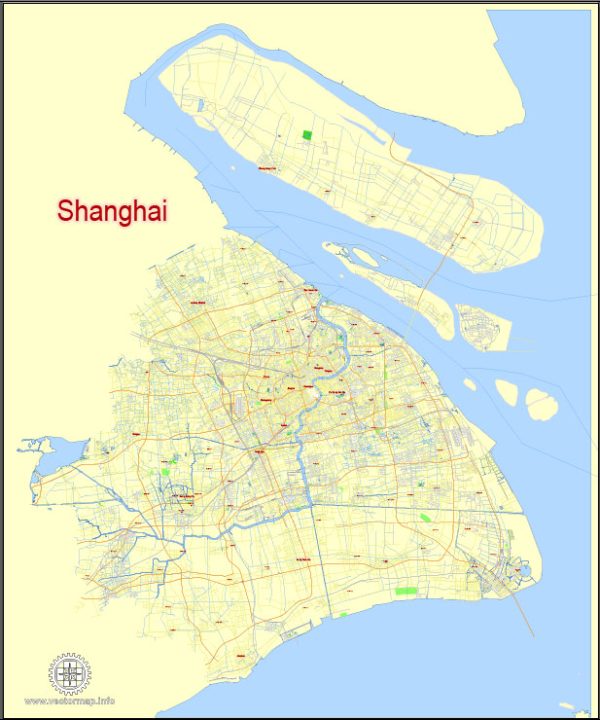 Shanghai, China, printable vector street G-view Level 17  (100 meters scale) map, full editable in ENGLISH, Adobe illustrator, full vector