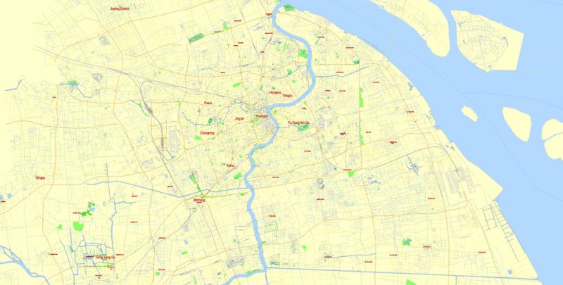 Printable Map Shanghai, China, ENGLISH vector street G-view Level 17 (100 meters scale) map, full editable in ENGLISH, Adobe illustrator, full vector, scalable, editable, text format street names, 10 mb ZIP