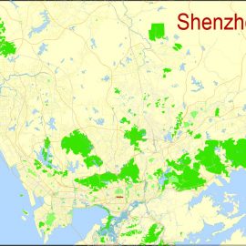 Printable Map Shenzhen, China, exact vector street G-view Level 17 (100 meters scale) map, full editable in ENGLISH, Adobe illustrator, full vector, scalable, editable, text format street names, 7 mb ZIP