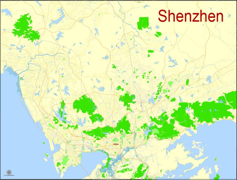 Printable Map Shenzhen, China, exact vector street G-view Level 17 (100 meters scale) map, full editable in ENGLISH, Adobe illustrator, full vector, scalable, editable, text format street names, 7 mb ZIP