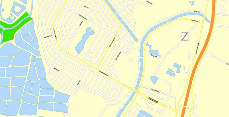 Printable Map Shenzhen, China, exact vector street G-view Level 17 (100 meters scale) map, full editable in ENGLISH, Adobe illustrator, full vector, scalable, editable, text format street names, 7 mb ZIP