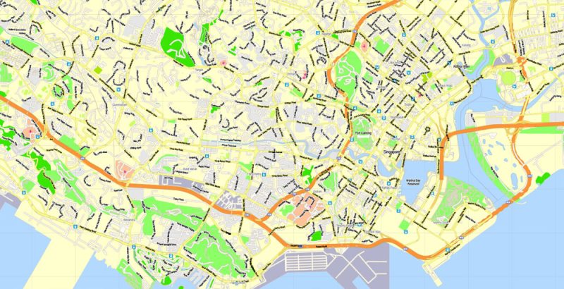 Printable Map Singapore, printable vector street G-view Level 15 (500 meters) map, full editable, Adobe illustrator, full vector, scalable, editable, text format street names, 16 mb ZIP