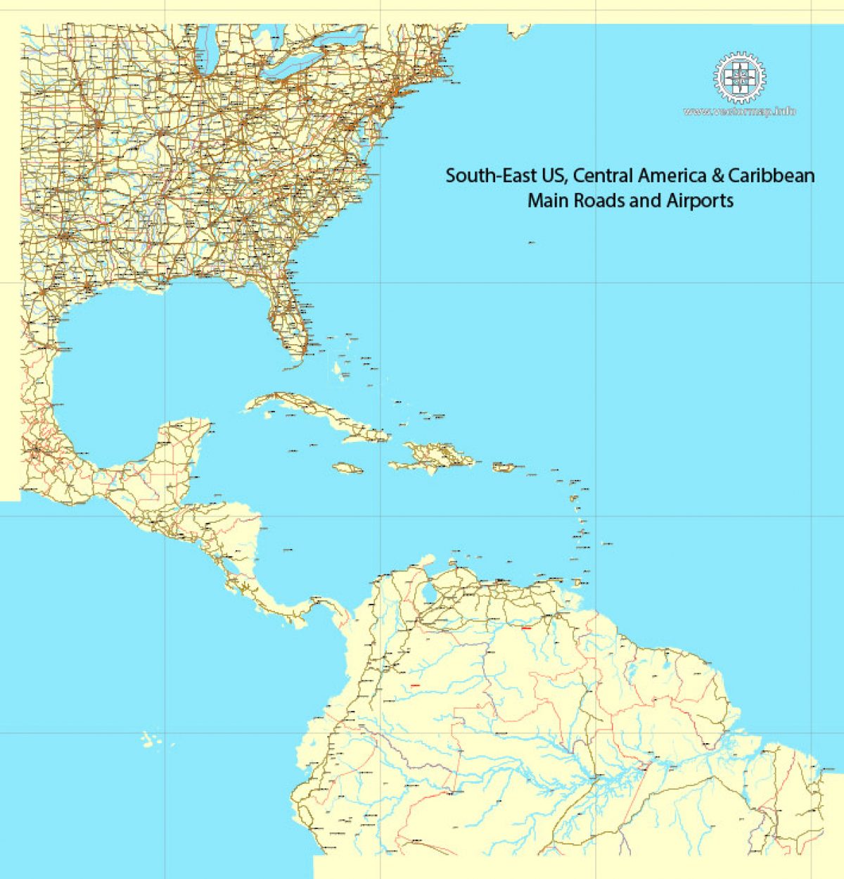 us south east region map vector central america caribbean 01 02 printable vector map main roads and airports adobe pdf