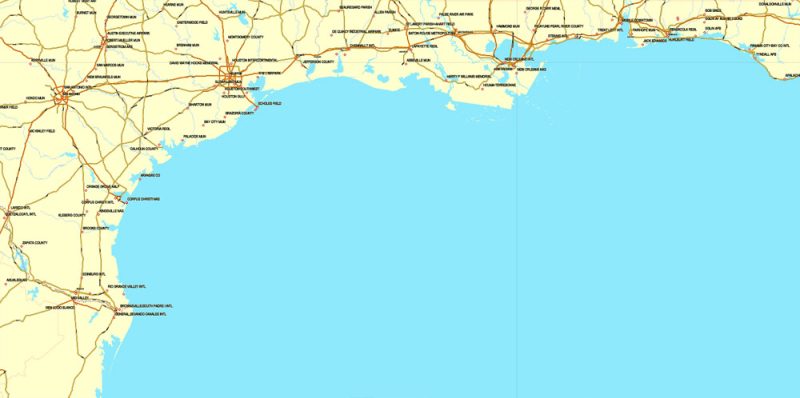Region Map South-East USA, Central America & Caribbean printable vector map, main roads and airports. Adobe Illustrator. Separeted layer: roads, rivers, airports correct shorelines.