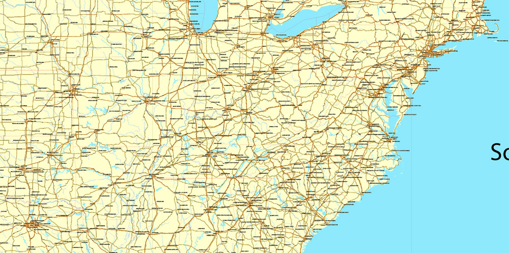 Region Map South-East USA, Central America & Caribbean printable vector map, main roads and airports. Adobe Illustrator. Separeted layer: roads, rivers, airports correct shorelines.
