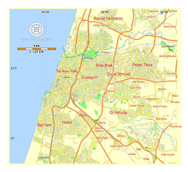 Tel Aviv Yafo Vector Map Israel printable City Plan 5 km scale editable in ENGLISH Adobe illustrator Street Map