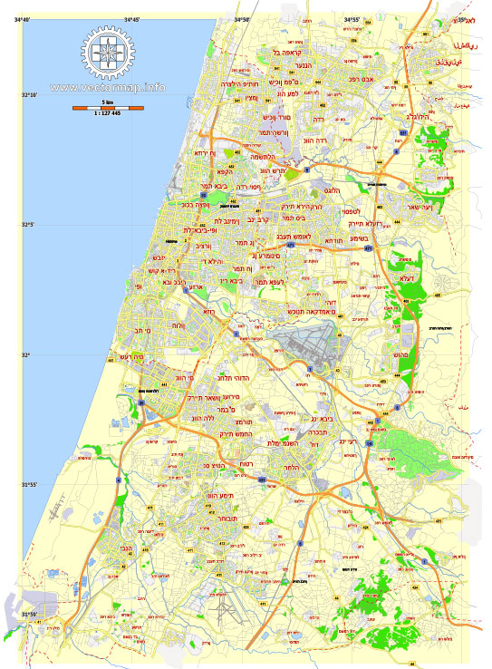 Printable Map Tel Aviv Yafo, Israel, printable HEBREW vector map Adobe Illustrator editable G-View Level 12 (5 km scale), full vector, scalable, editable, hebrew curves format names, 4 mb ZIP