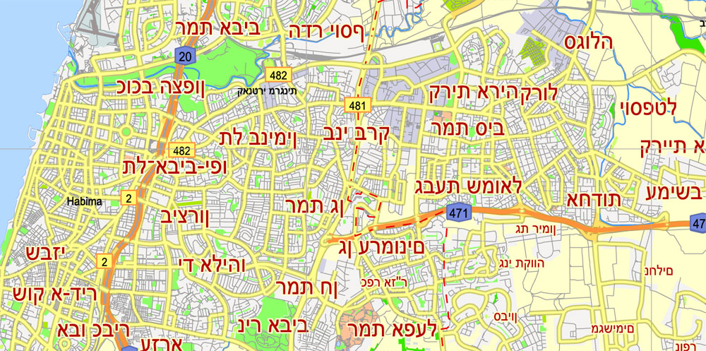 Printable Map Tel Aviv Yafo, Israel, printable HEBREW vector map Adobe Illustrator editable G-View Level 12 (5 km scale), full vector, scalable, editable, hebrew curves format names, 4 mb ZIP