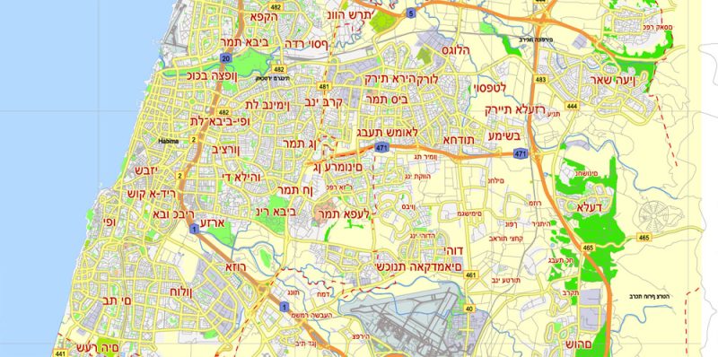 Printable Map Tel Aviv Yafo, Israel, printable HEBREW vector map Adobe Illustrator editable G-View Level 12 (5 km scale), full vector, scalable, editable, hebrew curves format names, 4 mb ZIP