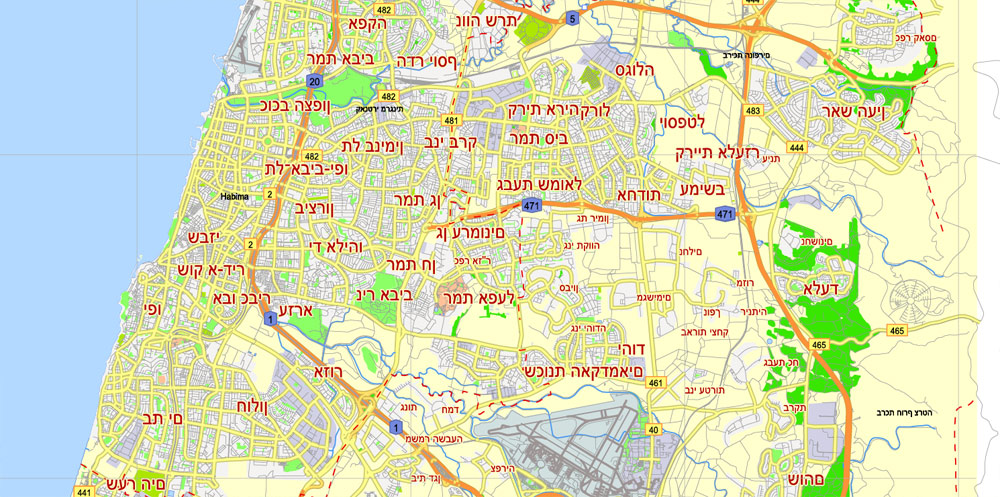 Printable Map Tel Aviv Yafo, Israel, printable HEBREW vector map Adobe Illustrator editable G-View Level 12 (5 km scale), full vector, scalable, editable, hebrew curves format names, 4 mb ZIP