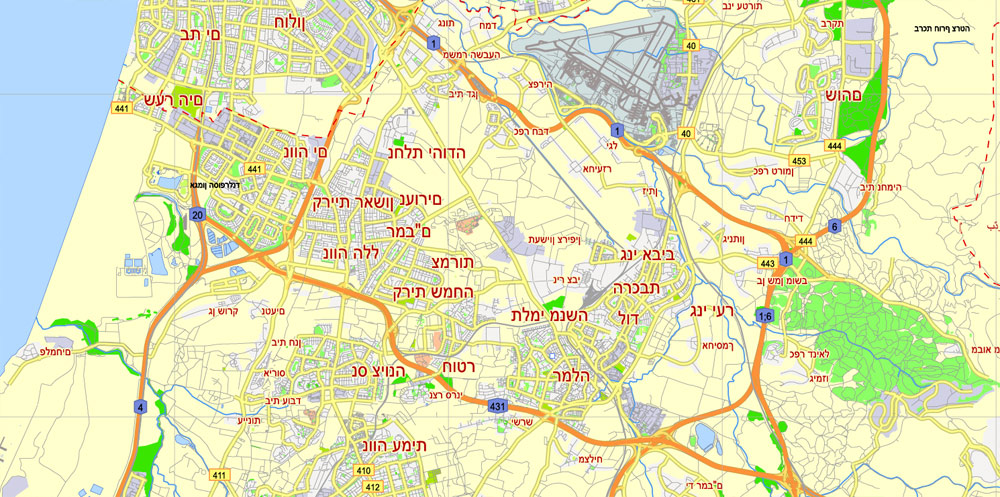 Printable Map Tel Aviv Yafo, Israel, printable HEBREW vector map Adobe Illustrator editable G-View Level 12 (5 km scale), full vector, scalable, editable, hebrew curves format names, 4 mb ZIP