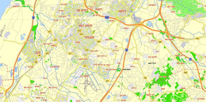 Printable Map Tel Aviv Yafo, Israel, printable HEBREW vector map Adobe Illustrator editable G-View Level 12 (5 km scale), full vector, scalable, editable, hebrew curves format names, 4 mb ZIP