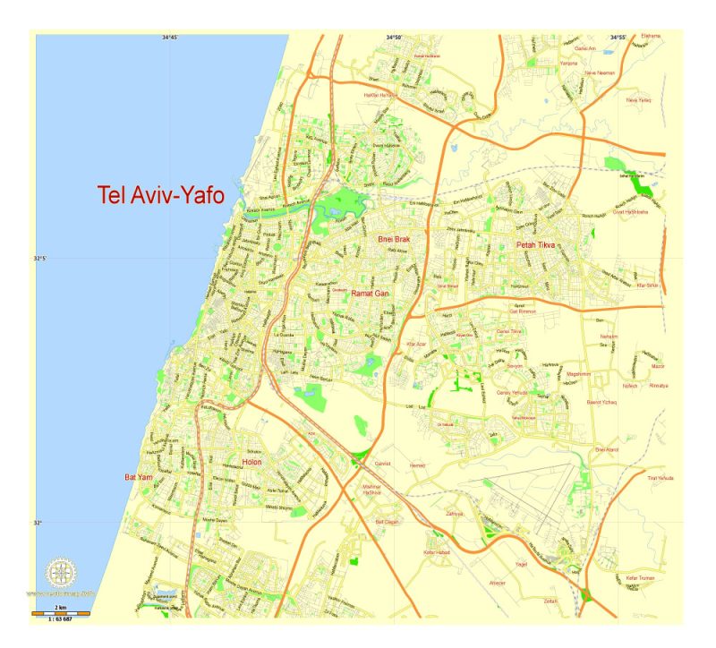 Printable Map Tel Aviv Yafo, Israel, exact vector street G-view Level 13 (1 km scale) map, full editable in ENGLISH, Adobe illustrator, full vector, scalable, editable, text format names, 2 mb ZIP