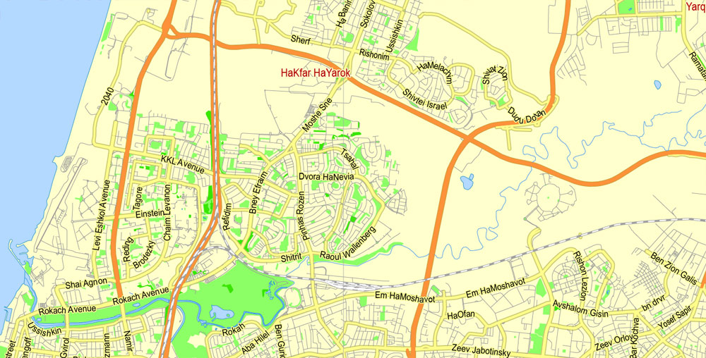 Printable Map Tel Aviv Yafo, Israel, exact vector street G-view Level 13 (1 km scale) map, full editable in ENGLISH, Adobe illustrator, full vector, scalable, editable, text format names, 2 mb ZIP