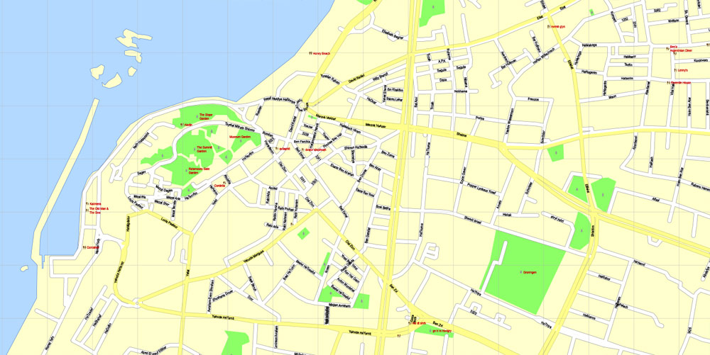 Printable Map Tel Aviv Yafo, Israel, English vector map Adobe Illustrator editable G-View Level 17 (100 meters scale), full vector, scalable, editable, text format street names, 6 mb ZIP