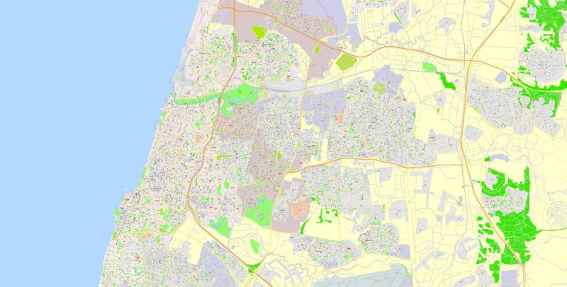 Printable Map Tel Aviv Yafo, Israel, exact HEBREW vector map Adobe Illustrator editable G-View Level 17 (100 meters scale), full vector, scalable, editable, hebrew curves format street names, 38 mb ZIP