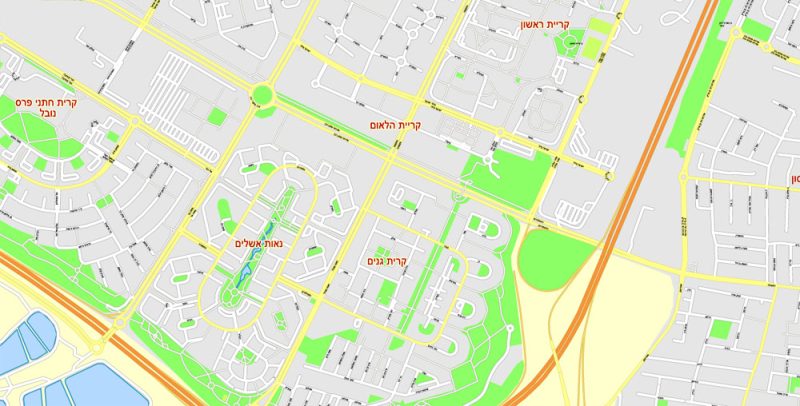 Printable Map Tel Aviv Yafo, Israel, exact HEBREW vector map Adobe Illustrator editable G-View Level 17 (100 meters scale), full vector, scalable, editable, hebrew curves format street names, 38 mb ZIP