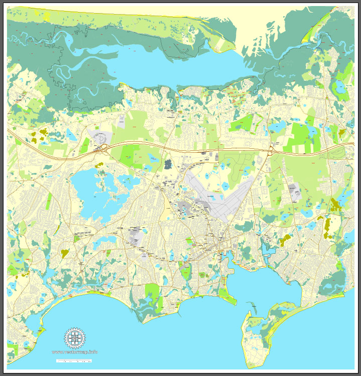 Printable map of Barnstable, Massachusetts, US, vector map V3.10 Adobe Illustrator editable City Plan, full vector, scalable, editable, text format street names, 6 Mb ZIP.