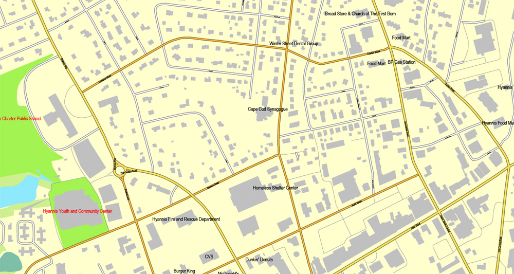 Printable map of Barnstable, Massachusetts, US, vector map V3.10 Adobe Illustrator editable City Plan, full vector, scalable, editable, text format street names, 6 Mb ZIP.