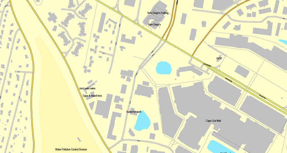 Printable map of Barnstable, Massachusetts, US, vector map V3.10 Adobe Illustrator editable City Plan, full vector, scalable, editable, text format street names, 6 Mb ZIP.