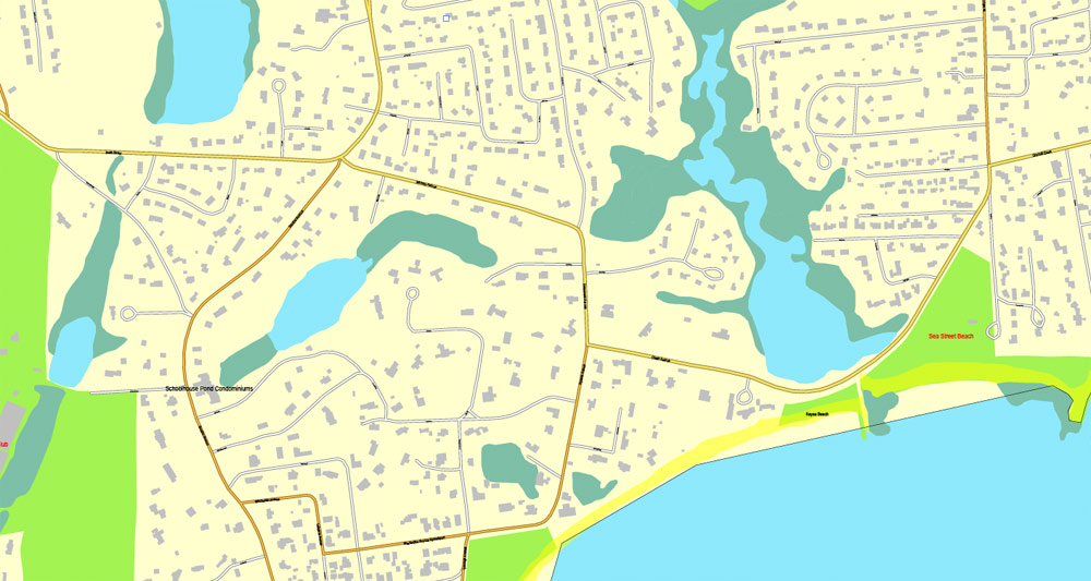 Printable map of Barnstable, Massachusetts, US, vector map V3.10 Adobe Illustrator editable City Plan, full vector, scalable, editable, text format street names, 6 Mb ZIP.