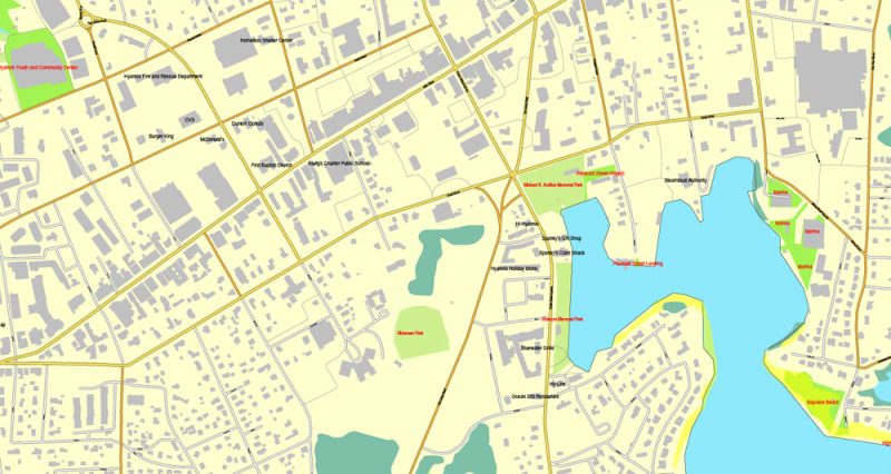 Printable map of Barnstable, Massachusetts, US, vector map V3.10 Adobe Illustrator editable City Plan, full vector, scalable, editable, text format street names, 6 Mb ZIP.