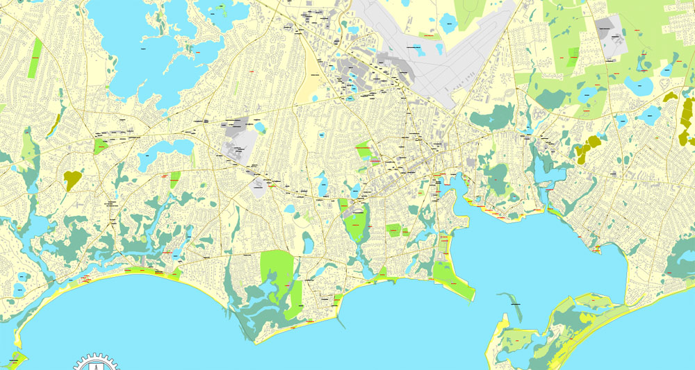 Printable map of Barnstable, Massachusetts, US, vector map V3.10 Adobe Illustrator editable City Plan, full vector, scalable, editable, text format street names, 6 Mb ZIP.