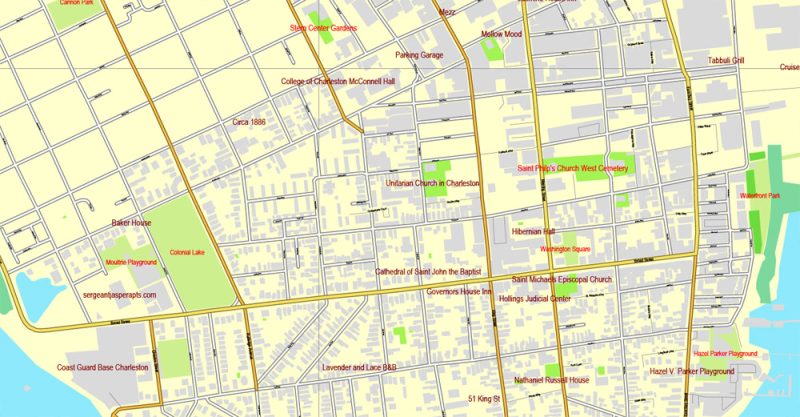 Printable Charleston, South Carolina, US printable vector street City Plan map, full editable, Adobe Illustrator, V3.10 Center, full vector, scalable, editable, text format street names, 9 Mb ZIP.