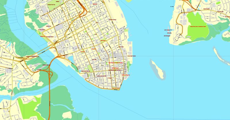 Printable Map Charleston, South Carolina, US, exact vector street City Plan map, full editable, Adobe Illustrator, V3.10 Full, full vector, scalable, editable, text format street names, 15 Mb ZIP