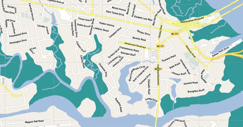 Printable Map Charleston, South Carolina, US, exact vector street City Plan map, full editable, Adobe Illustrator, V5 G-View, full vector, scalable, editable, text format street names, 19 Mb ZIP