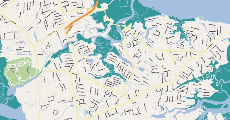 Printable Map Charleston, South Carolina, US, exact vector street City Plan map, full editable, Adobe Illustrator, V5 G-View, full vector, scalable, editable, text format street names, 19 Mb ZIP