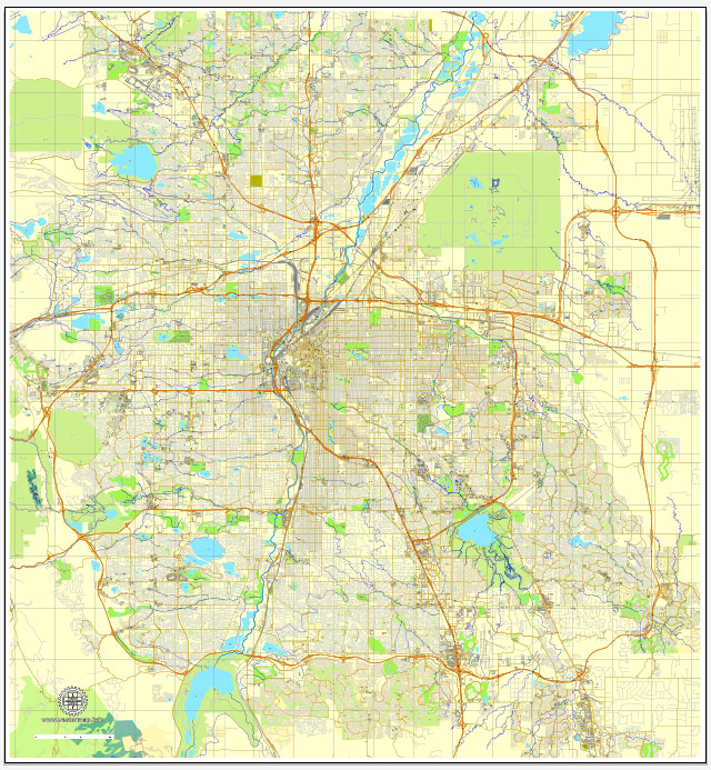Printable map of Denver, Colorado, US vector street City Plan map, full editable, Adobe Illustrator, V3.10 full vector, scalable, editable, text format street names, 22 Mb ZIP.