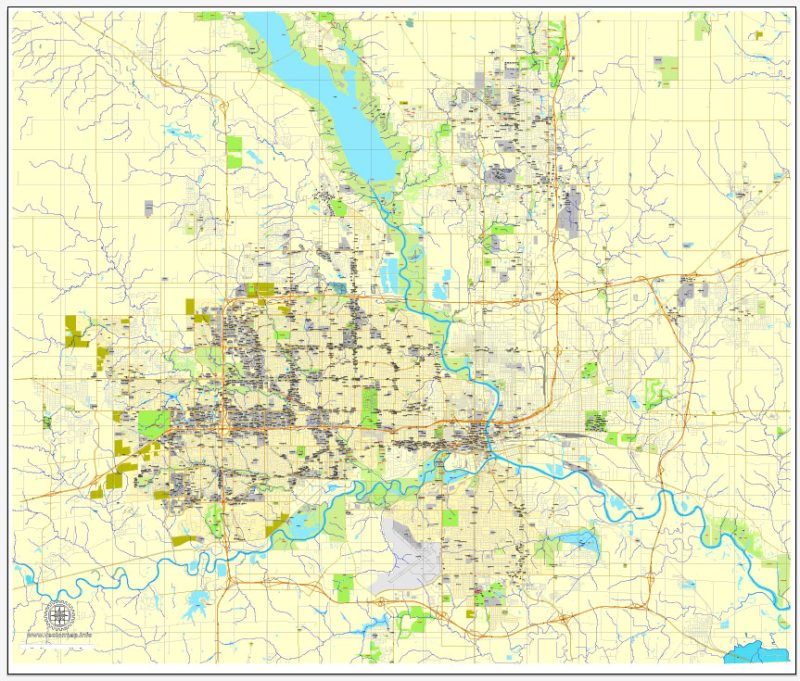 Printable Des Moines map, Iowa, US printable vector street City Plan map, full editable, Adobe Illustrator, V3.10 full vector, scalable, editable, text format street names, 10 Mb ZIP