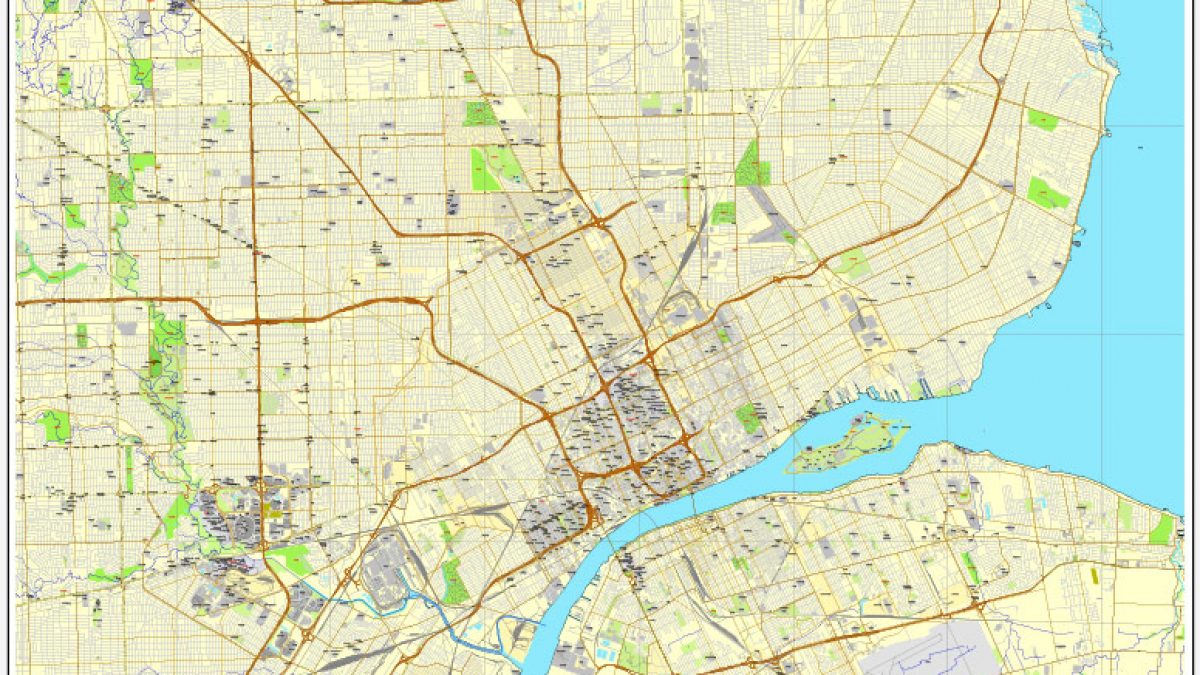 Printable Map Detroit Michigan Us Street City Plan Adobe Illustrator