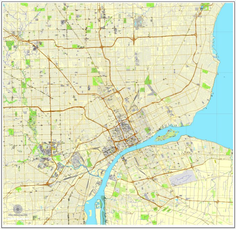 Detroit Printable Map, Michigan, US printable vector street City Plan ...