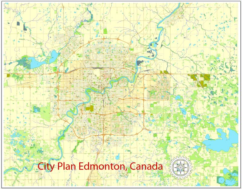 Printable City Plan Map of Edmonton, Canada, Adobe Illustrator, V3.10, full vector, scalable, editable, text format street names, 14 Mb ZIP