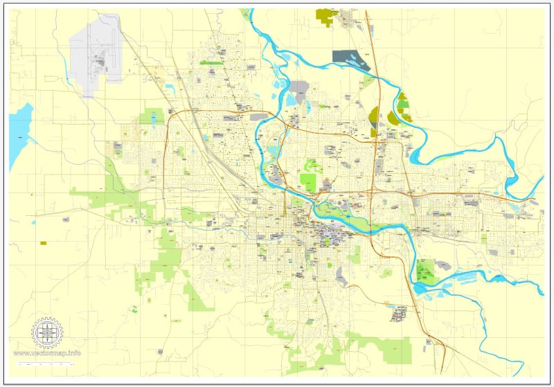 Printable Eugene map, Oregon, US printable vector street City Plan map, fully editable, Adobe Illustrator, V3.10 full vector, scalable, editable, text format street names, 4 Mb ZIP.