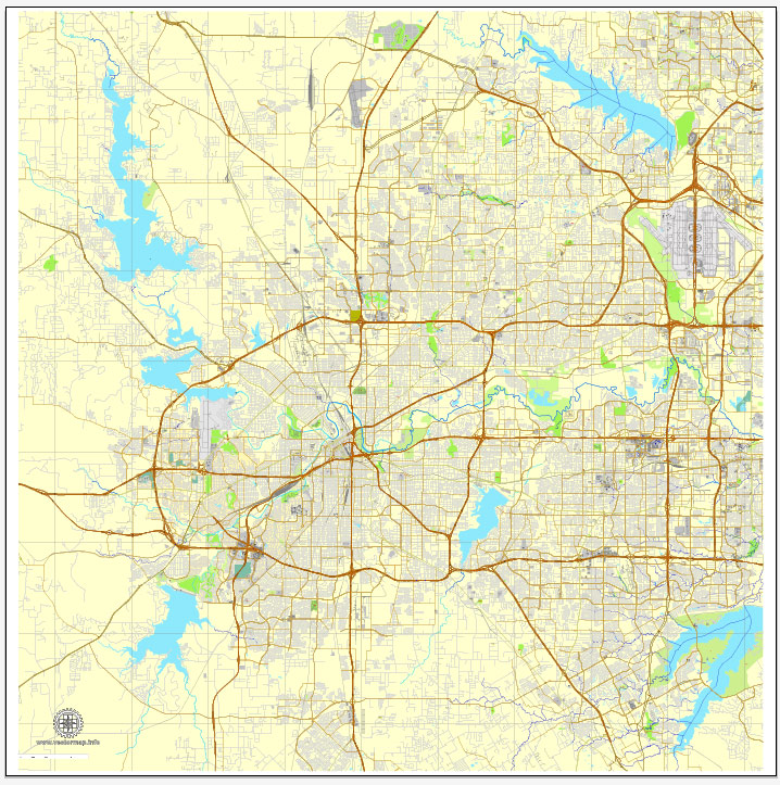 PDF map Fort Worth, Texas, US printable vector street City Plan map, full editable, Adobe PDF, full vector, scalable, editable, text format street names, 43 mb ZIP