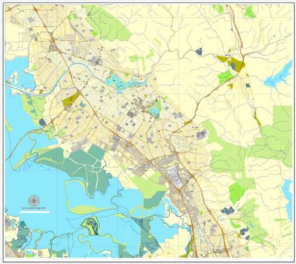 PDF Fremont map, California, US printable vector street City Plan