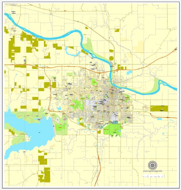 Lawrence printable map, Kansas, US printable vector street City Plan map, full editable, Adobe Illustrator, V3.10, full vector, scalable, editable, text format of street names, 3 Mb ZIP