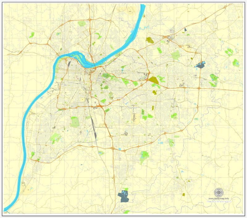 Louisville PDF map, Kentucky, US, printable vector street City Plan map, full editable, Adobe PDF, V3.10, full vector, scalable, editable, text format  street names, 28 Mb ZIP.