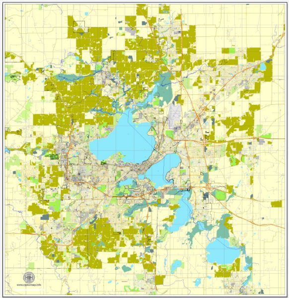Madison PDF map, Wisconsin, US, printable vector street City Plan map