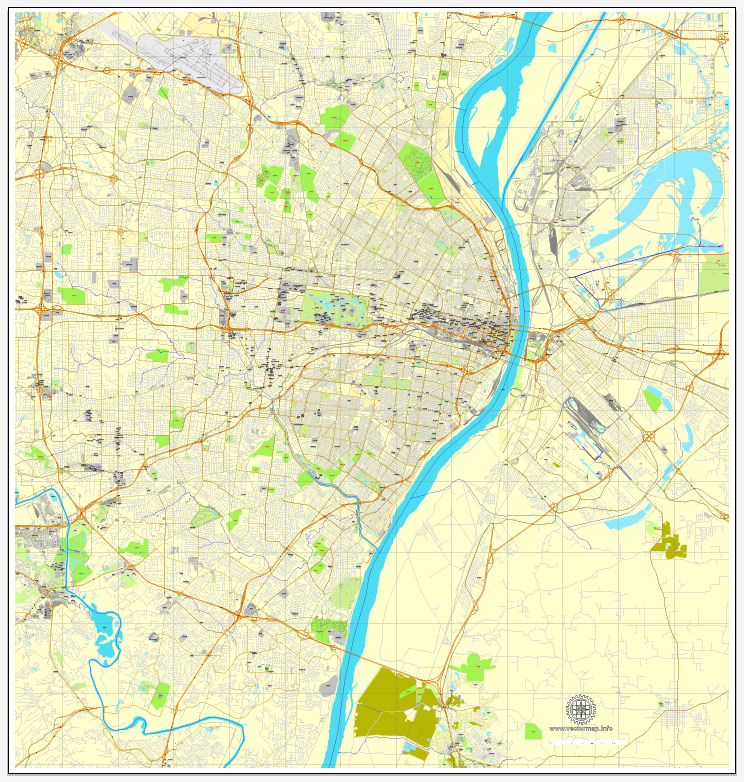 Saint Louis, Missouri, PDF editable exact map, vector street City Plan