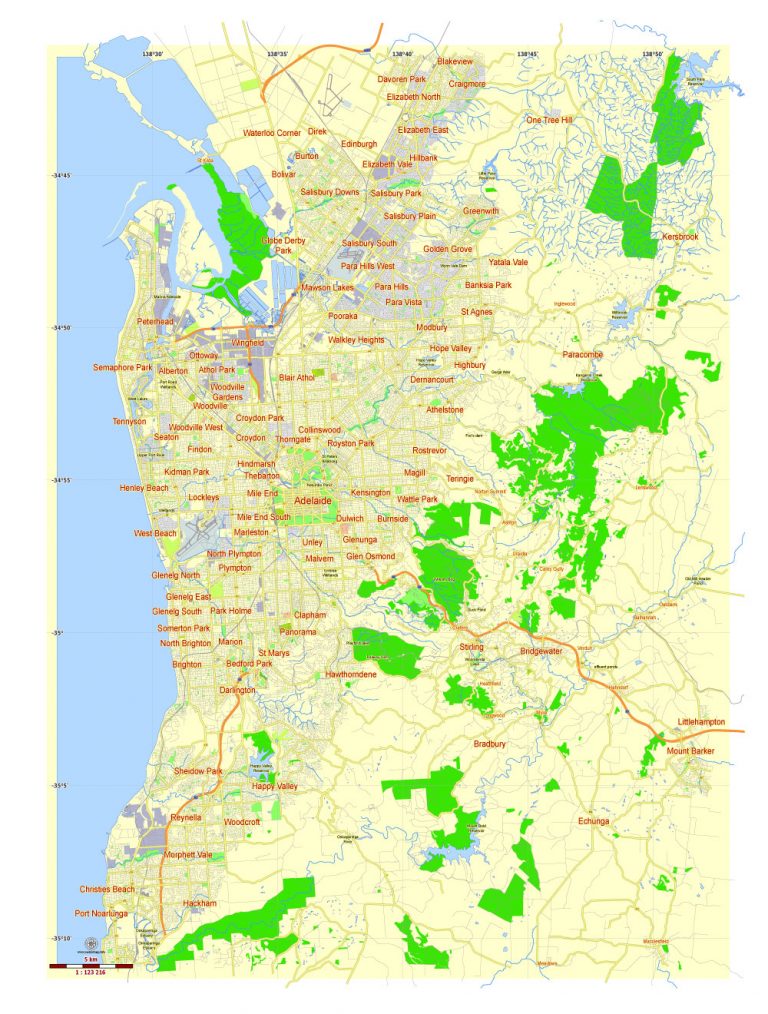 Adelaide: Free Printable Map Adelaide, Australia, exact vector street map, fully editable Adobe ...