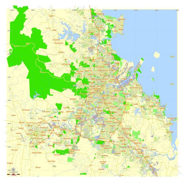 Free Printable Map Brisbane, Australia, exact vector street map, fully editable Adobe Illustrator, Adobe PDF, SVG, G-View Level 12 (5000 meters scale), full vector, scalable, editable, text format names