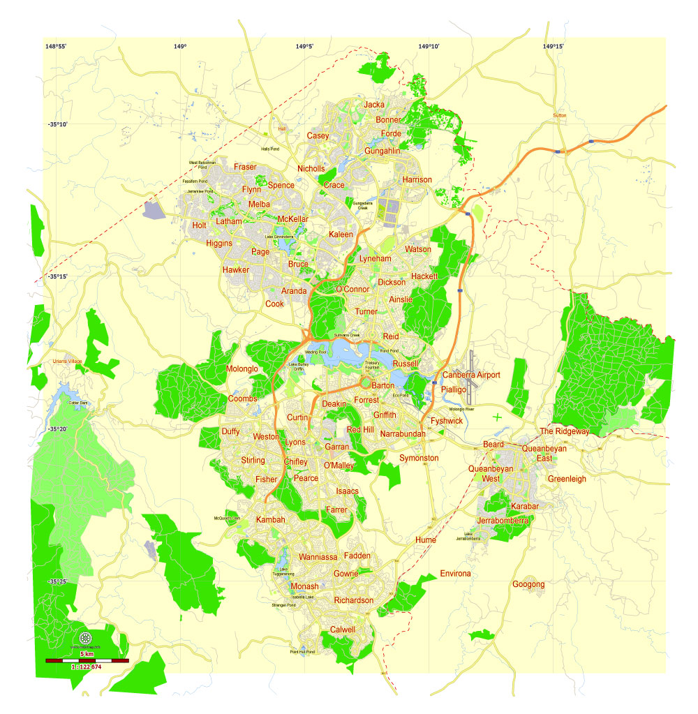 Free Printable Map Canberra, Australia, exact vector street map, fully editable Adobe Illustrator, Adobe PDF, SVG, G-View Level 12 (5000 meters scale), full vector, scalable, editable, text format names