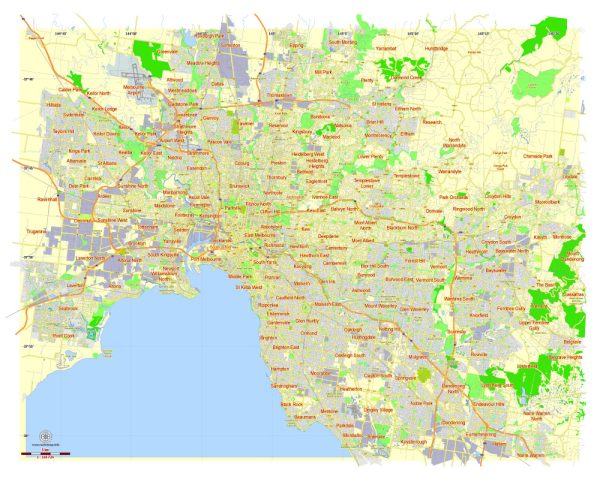 Free Printable Map Melbourne, Australia, exact vector street map, fully editable Adobe Illustrator, Adobe PDF, SVG, G-View Level 12 (5000 meters scale), full vector, scalable, editable, text format names