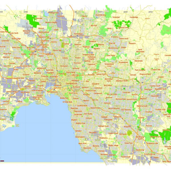 Free Printable Map Melbourne, Australia, exact vector street map, fully editable Adobe Illustrator, Adobe PDF, SVG, G-View Level 12 (5000 meters scale), full vector, scalable, editable, text format names
