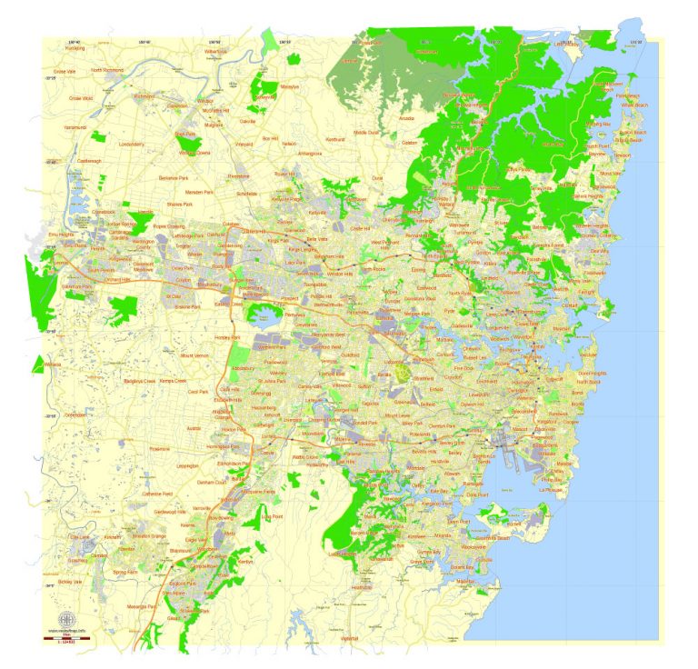 Sydney: Free Printable Map Sydney, Australia, exact vector street map ...