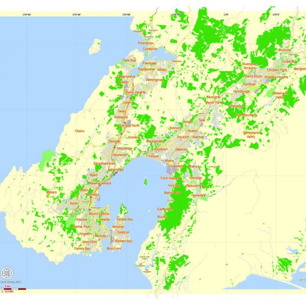 Free Printable Map Wellington, New Zealand, exact vector street map, fully editable Adobe Illustrator, Adobe PDF, SVG, G-View Level 12 (5000 meters scale), full vector, scalable, editable, text format names